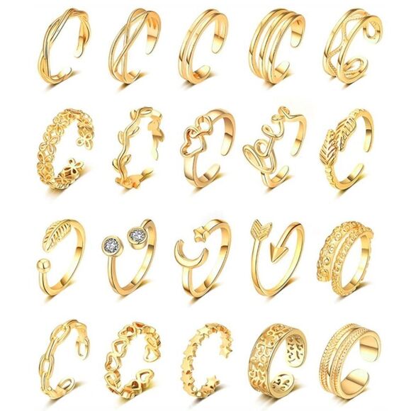 18K Yellow Gold Adjustable Boho Open Toe Rings - Set of 20 - Picture 1 of 10